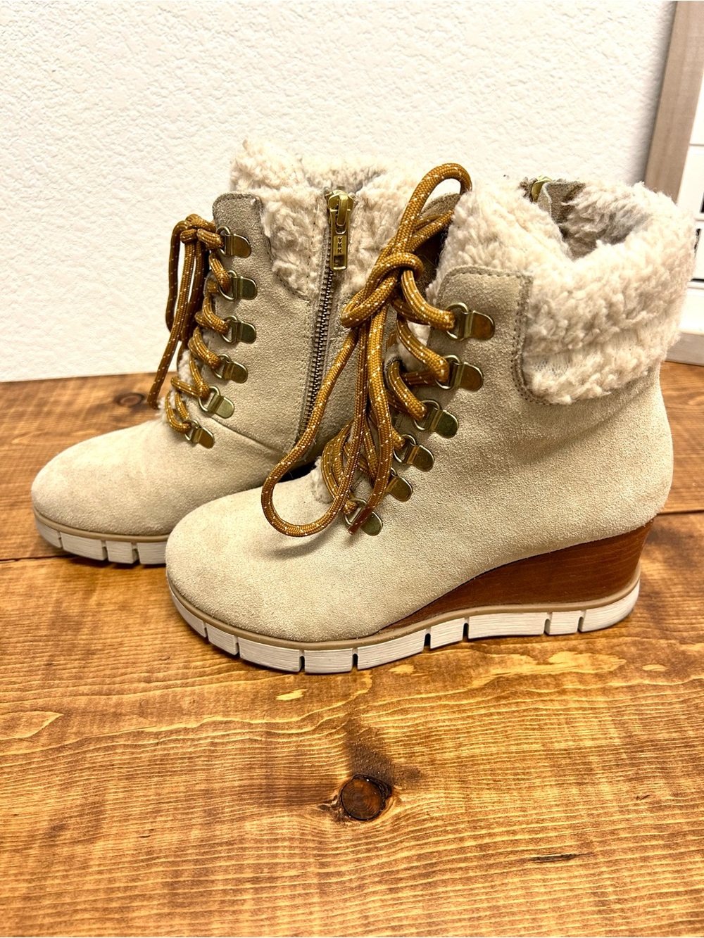 Beige Faux-Shearling Wedge Lace-Up Ankle Boots